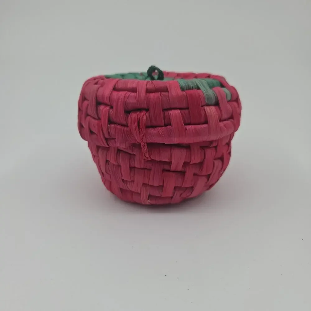 Small Strawberry Basket Handwoven Lidded Trinket Box Pink Green Boho Cottagecore